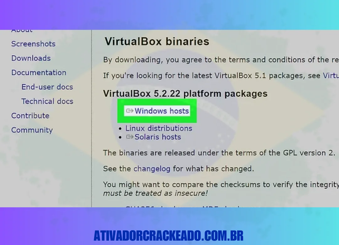 Selecione VirtualBox para baixar. No centro da página há um botão azul. A página de downloads será aberta se você fizer isso.