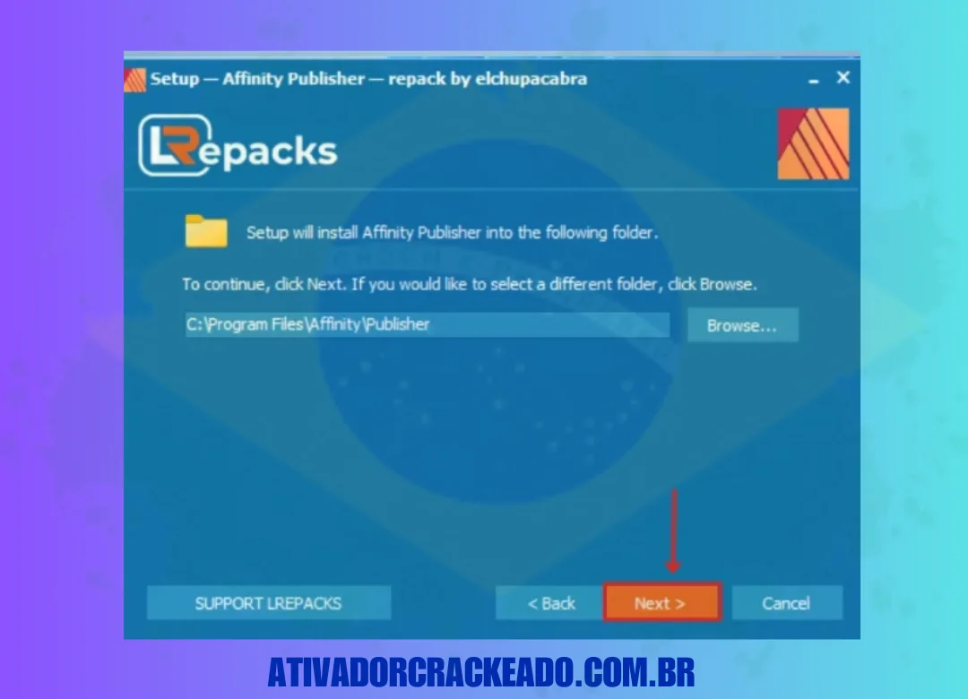 Selecione o local do arquivo onde deseja instalar o Serif Affinity Publisher, após selecioná-lo, continue clicando em “Avançar”.