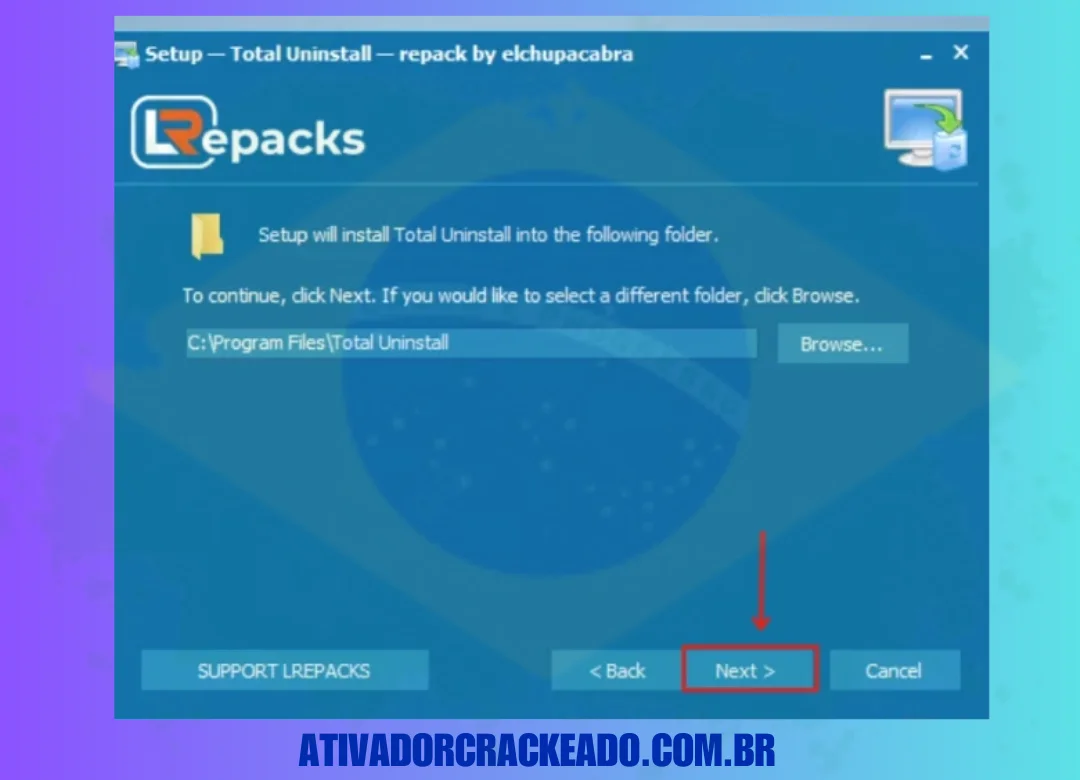 Selecione o local do arquivo onde deseja instalar o Total Uninstall Professional, depois selecione continuar clicando em “ Avançar ”.