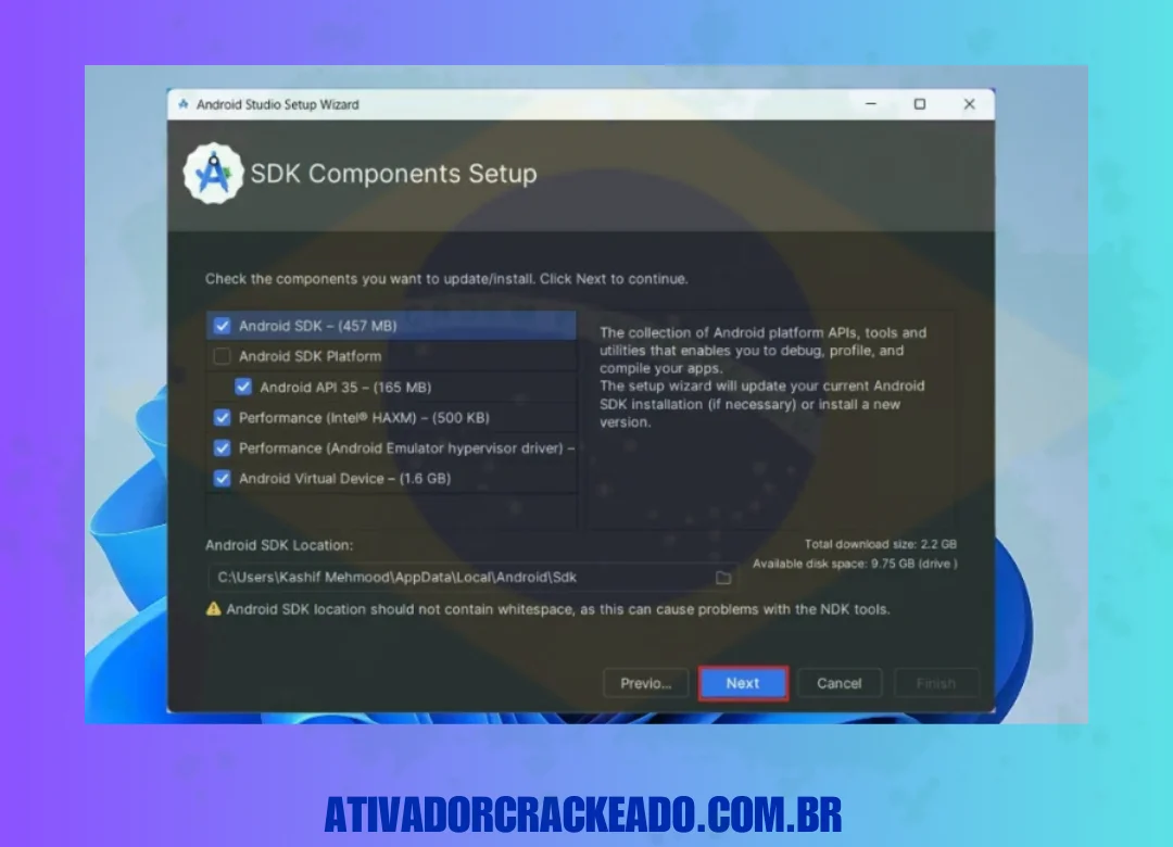 Selecione os componentes do SDK que você deseja instalar ou atualizar e pressione “Avançar”.