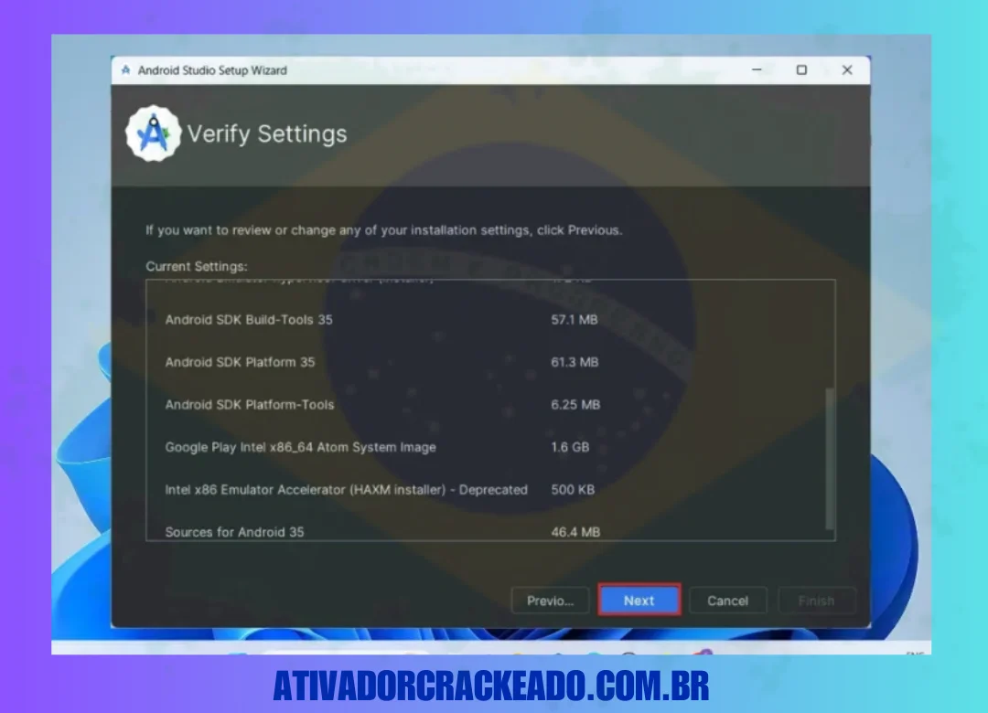 Verifique as configurações selecionadas e continue clicando em “Avançar”.