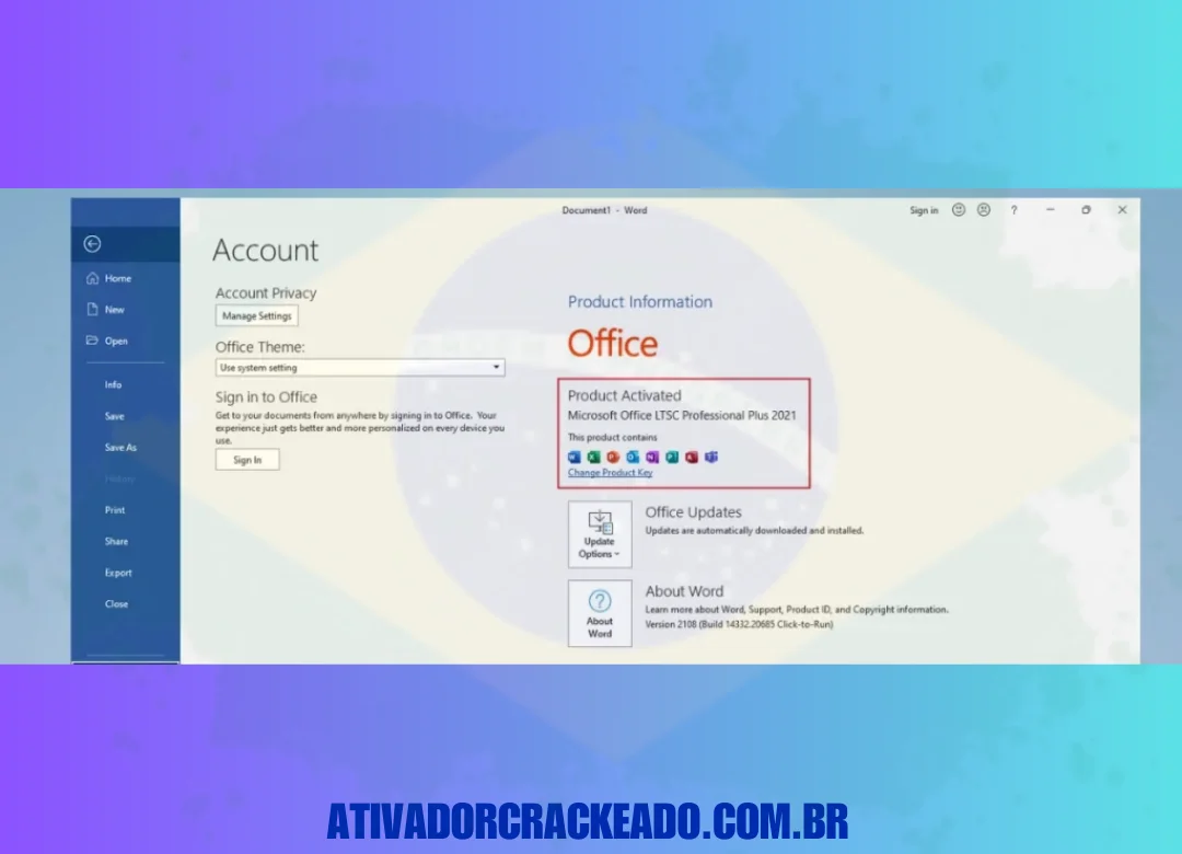 Você pode ver o status de ativação do MS Word 2021. Como mencionado acima, você receberá uma versão