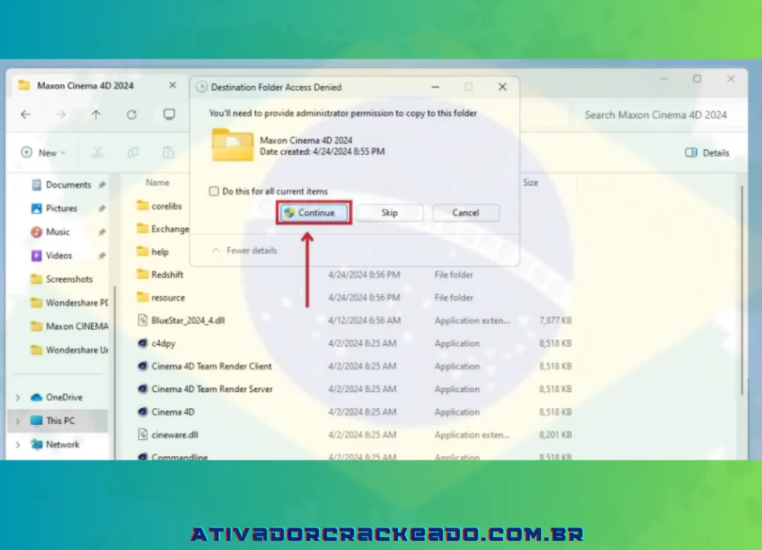 Você precisa dar permissão de administrador para colar esses arquivos. Então, clique em Continue.