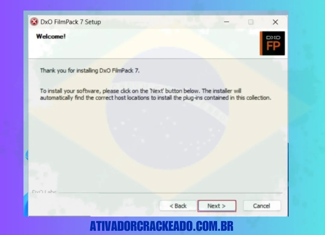 A configuração do DxO Filmpack agora está disponível e você pode instalá-lo. Então, para fazer isso, clique em 'Next'.