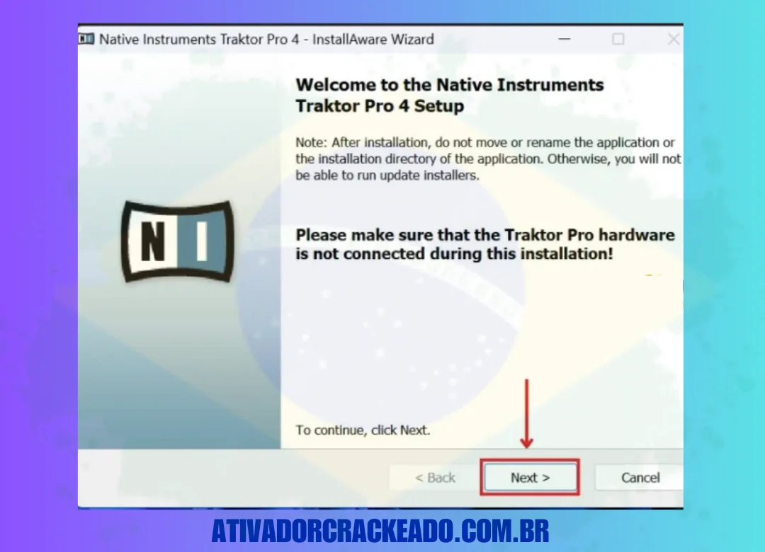 A configuração do Native Instrument Traktor Pro será iniciada, então clique em Avançar.