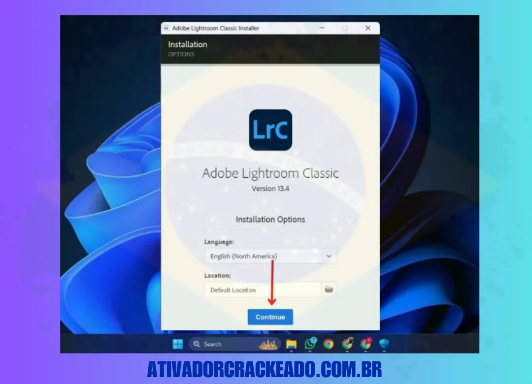 A instalação do Adobe Lightroom Classic começará, selecione seu idioma e local. Depois disso, selecione 'Continuar‘.