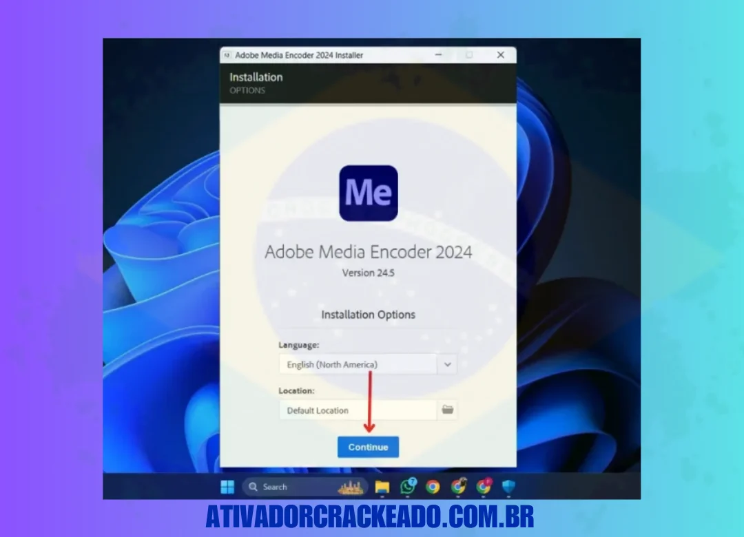 A instalação do Media Encoder será iniciada, então selecione seu idioma e local. Depois disso, selecione 'Continuar'.
