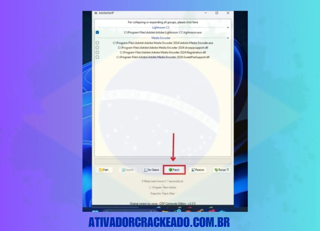 Agora, clique em 'Patch', isso ativará o programa