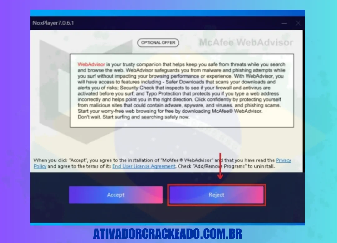 Agora, você receberá uma oferta opcional da McAfee, então rejeite-a.