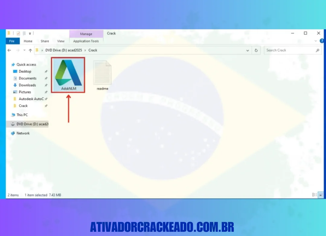 Depois disso, execute o AdskNLM.exe, que é o ativador do AutoCAD.