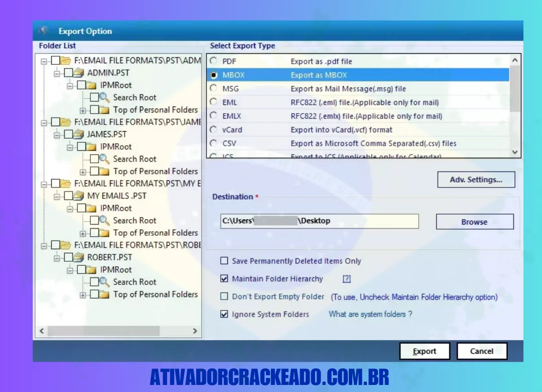 Escolha o formato de arquivo preferido para exportar seu arquivo PST do Outlook.