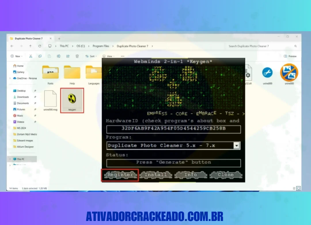 Execute o WebMinds Photo Cleaner keygen e clique em ' Registrar '.
