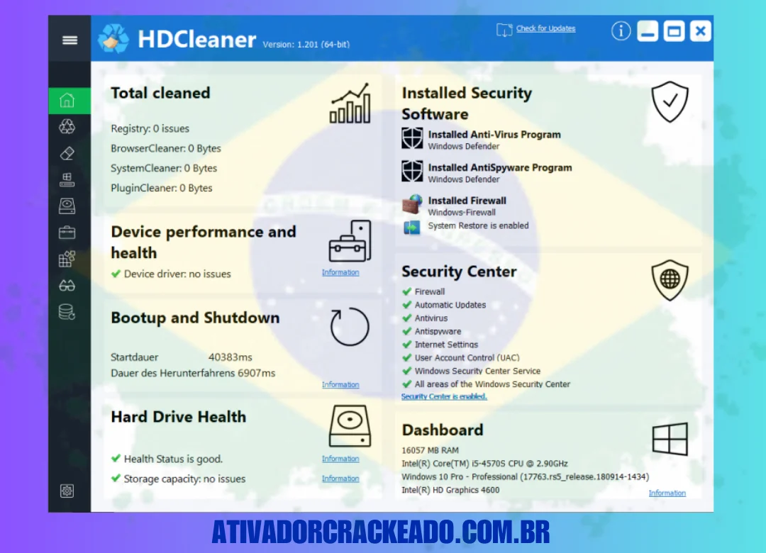 Inicie o HDCleaner no menu iniciar ou na área de trabalho após a instalação.