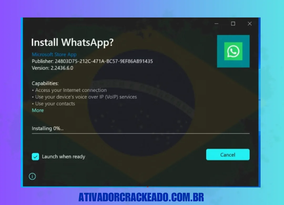 Instalando o WhatsApp para PC, aguarde a conclusão.