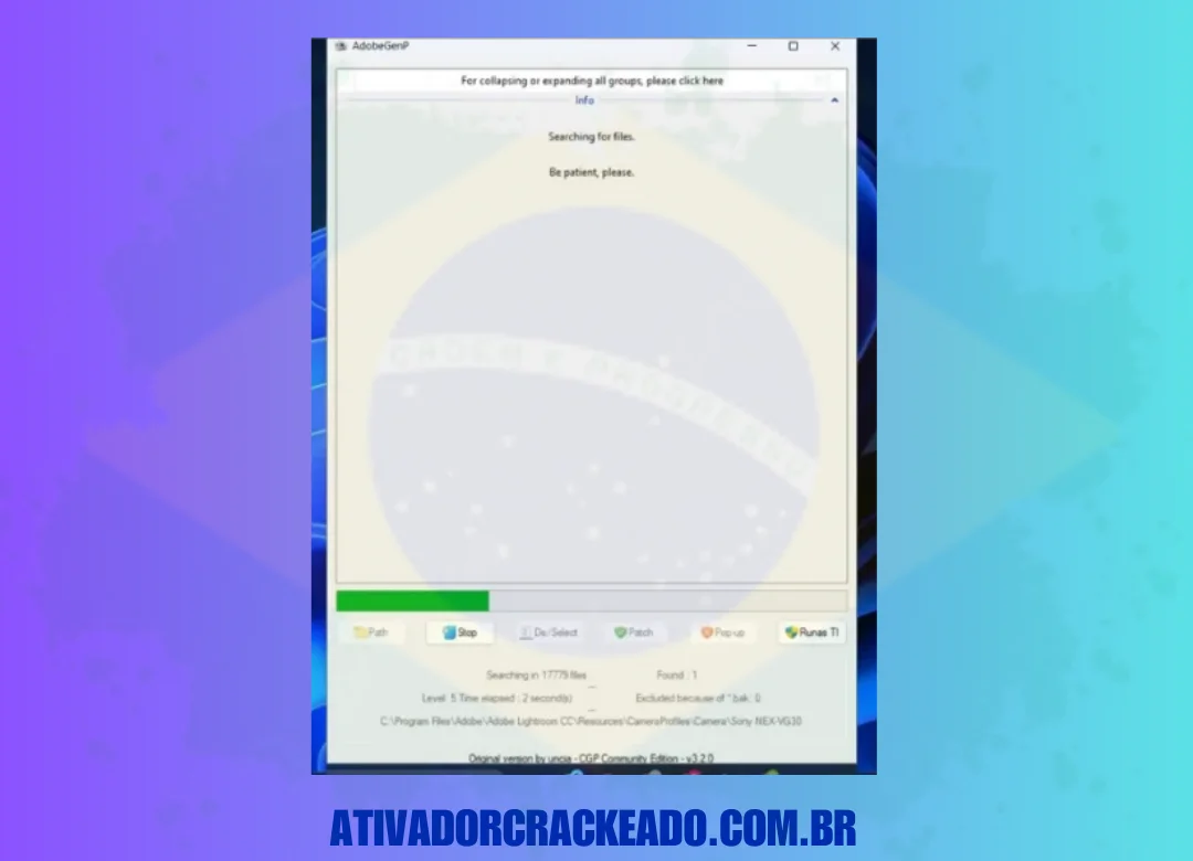 O AdobeGenp Activator está procurando arquivos, então aguarde um pouco.