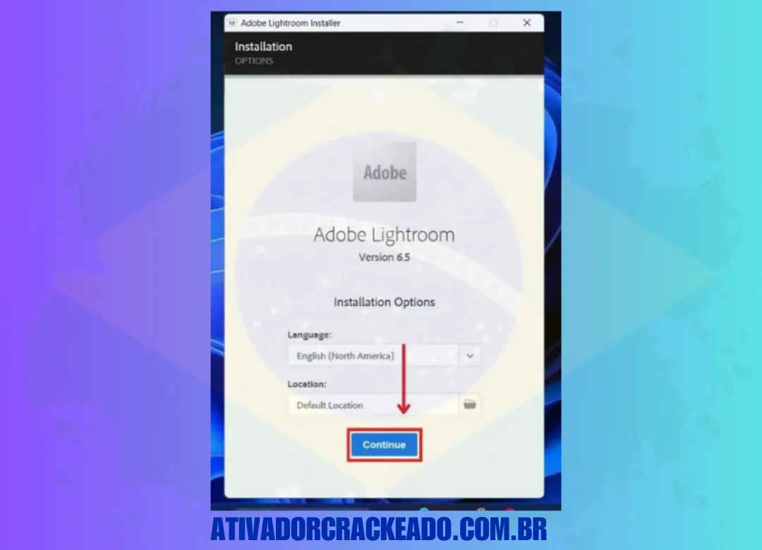 O instalador do Adobe Lightroom será iniciado, clique em Continuar.