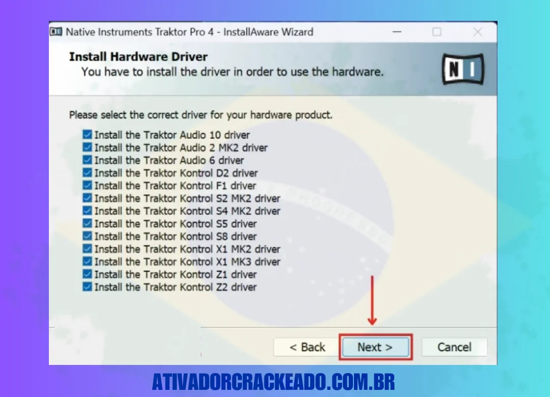 Selecione o driver de hardware necessário para o funcionamento adequado do programa e depois clique em Avançar.