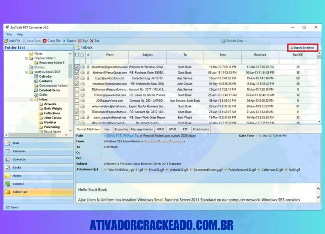 programa importará todas as informações mantidas em um arquivo PST,