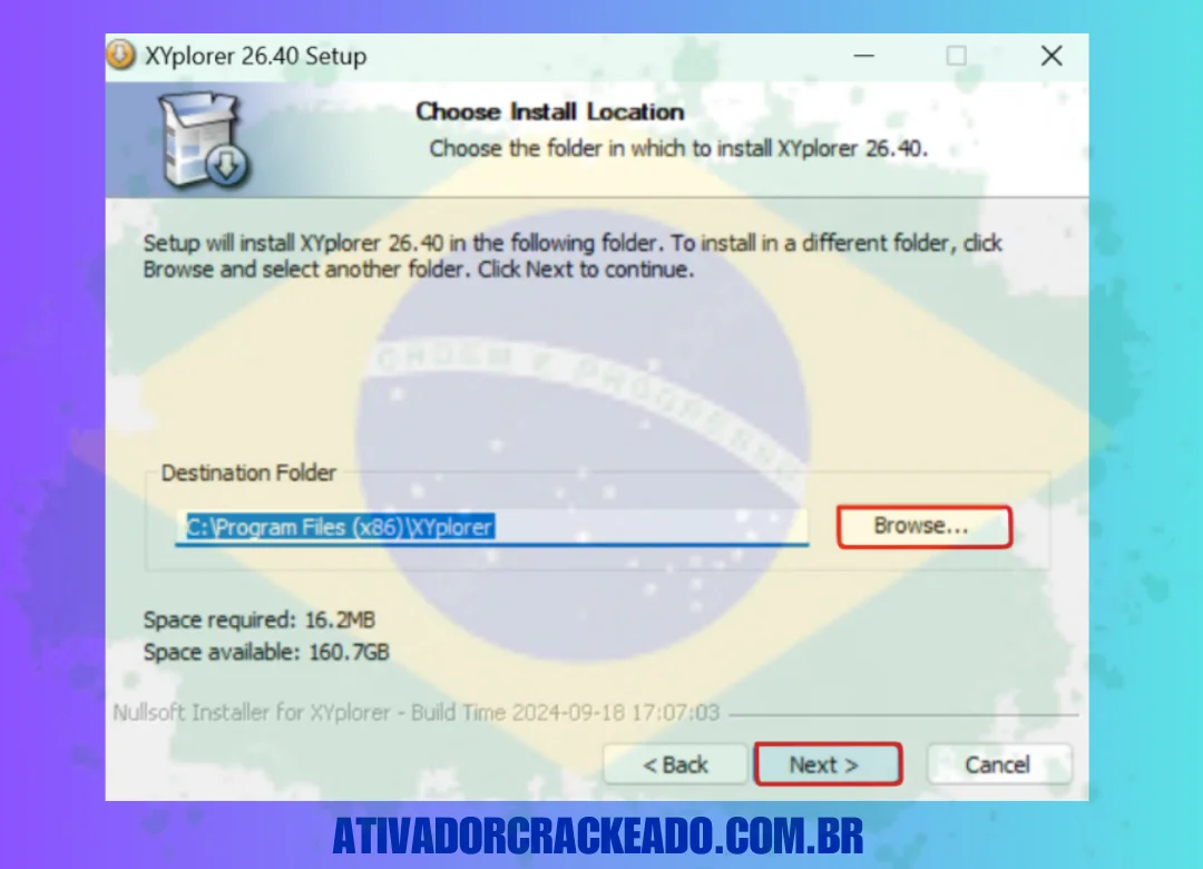 Selecione o diretório de instalação, aceite o contrato de licença e conclua a instalação.