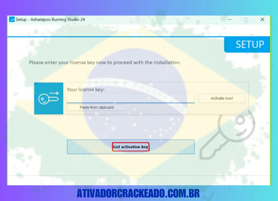 Inicie a configuração como administrador após extrair o arquivo baixado. Clique em "Obter Chave de Ativação" quando for solicitada a chave de licença após aceitar o contrato de licença. Copie a chave de licença do site oficial e registre-se para o teste.