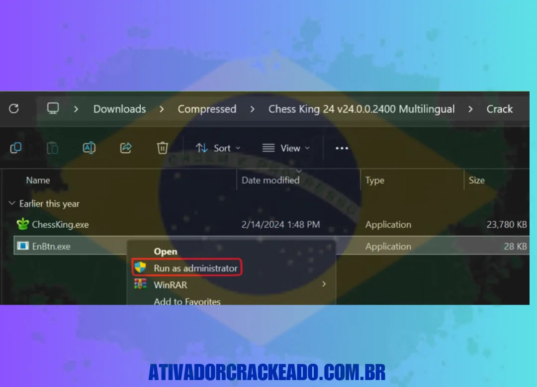 Execute o arquivo EnBtn.exe como administrador após extrair o arquivo baixado e abrir a pasta crack.