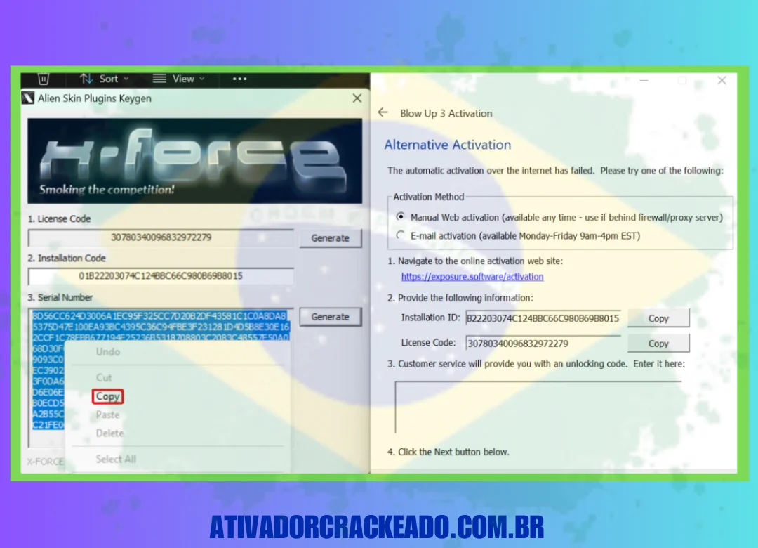 como administrador. Após criar a chave serial e adicioná-la de volta à License Activation Tool, copie o Installation ID da Activation Tool e adicione-o ao keygen. Depois disso, o programa será ativado.