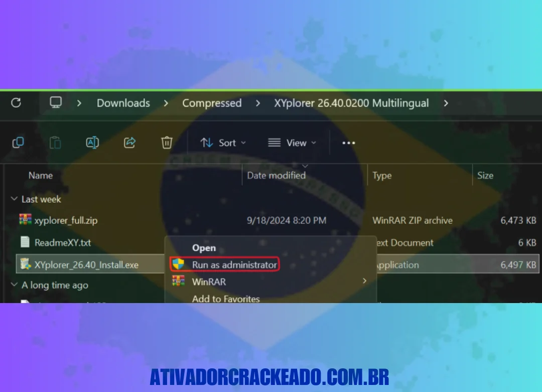 Extraia xyplorer_full.zip após extrair o arquivo baixado. Inicie a instalação no modo administrador.