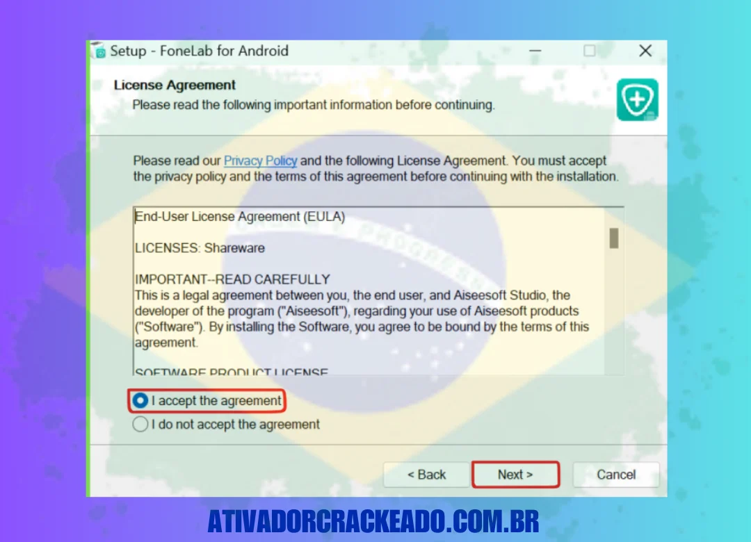 Selecione o diretório de instalação, aceite o contrato de licença e inicie a instalação.