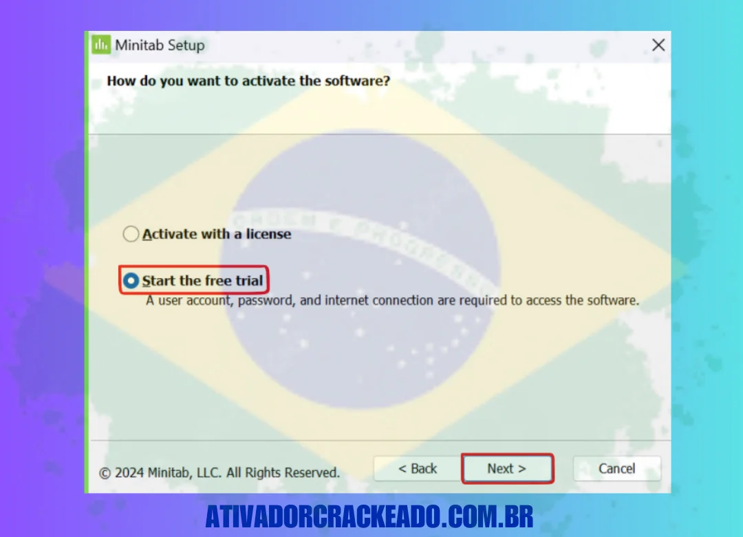 Clique em Next após selecionar a opção "Start Free Trial" quando solicitado para ativação. Em seguida, clique em Install após selecionar a área onde deseja instalar o software.