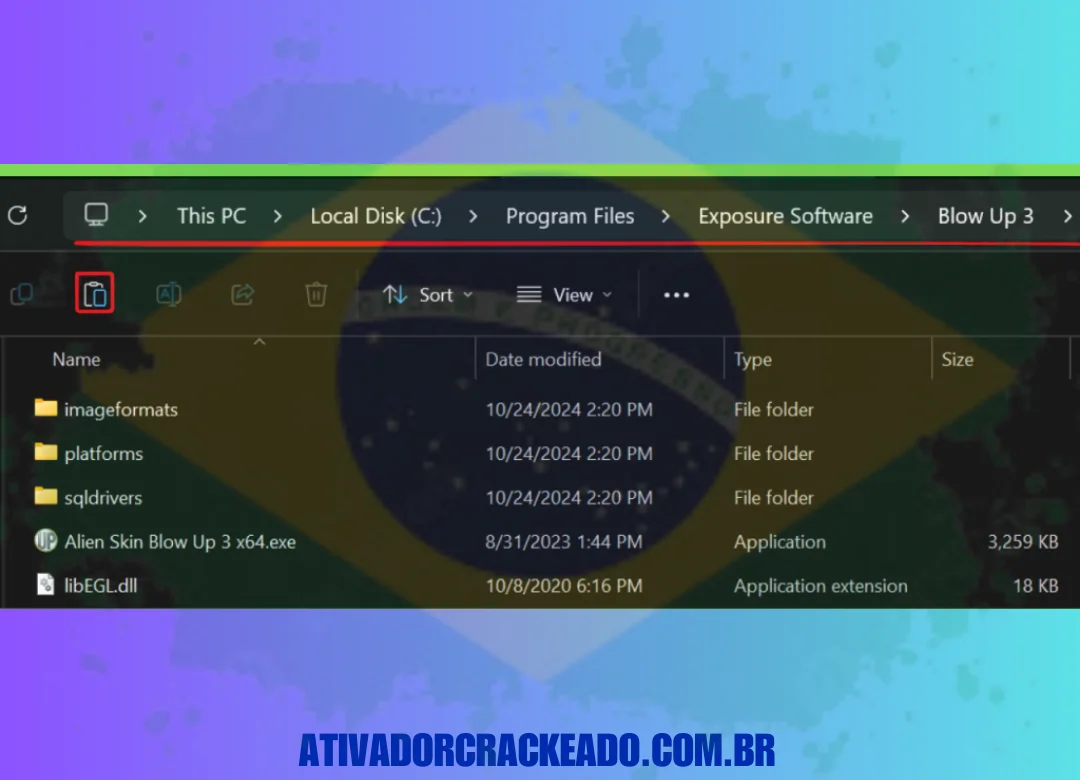 Adicione o patch a C:\Program Files\Exposure Software\Blow Up 3\ após extraí-lo. Execute a instalação como administrador após renomear o arquivo "Blow Up 3 x64.exe" para "Alien Skin Blow Up 3 x64.exe."