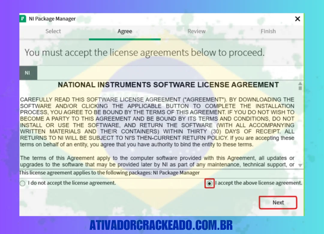 Aceite o contrato de licença, revise as opções e inicie a instalação.