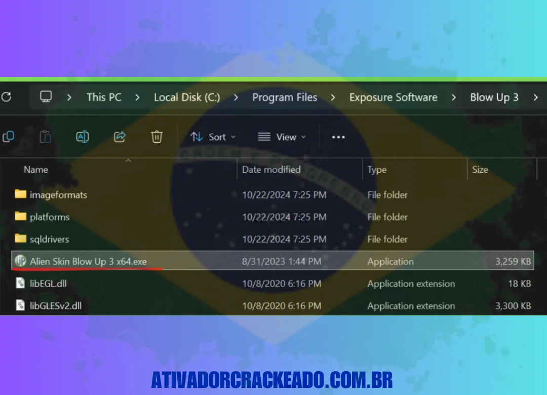 Adicione o patch a C:\Program Files\Exposure Software\Blow Up 3\ após extraí-lo. Execute a instalação como administrador após renomear o arquivo "Blow Up 3 x64.exe" para "Alien Skin Blow Up 3 x64.exe."