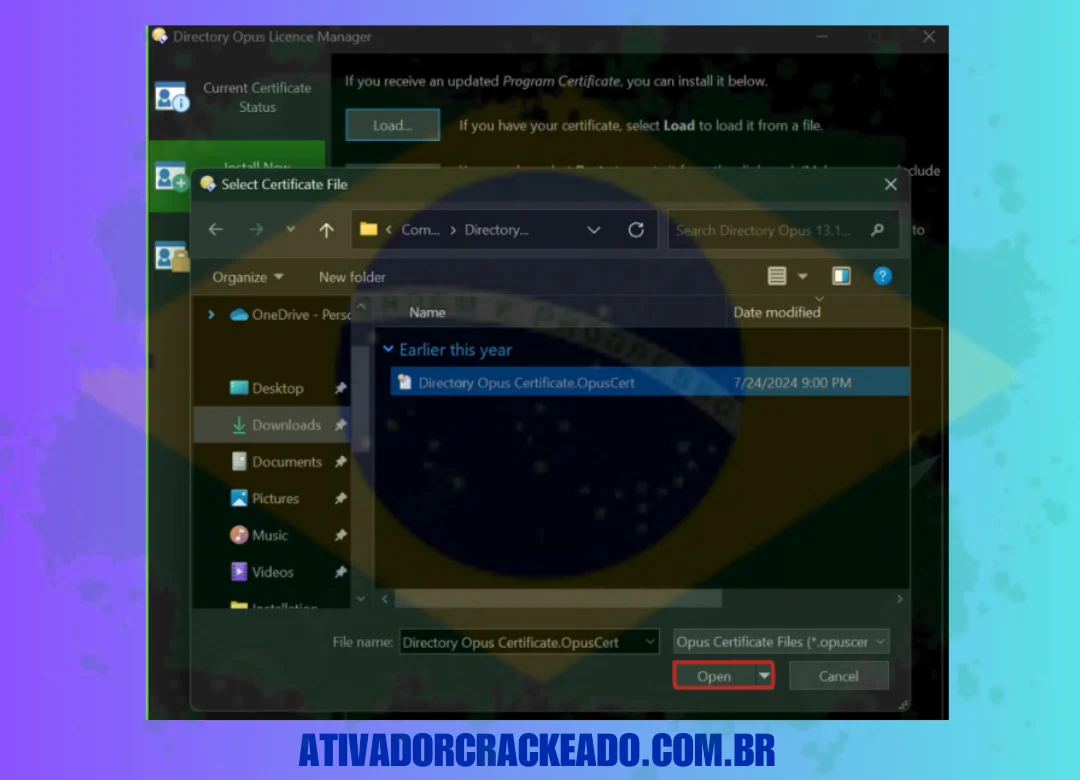 Clique em Instalar Novo Certificado após selecionar Ajuda, Gerenciador de Licenças. Após escolher o Certificado Opus, clique em Carregar. O Diretório OpusCert. Em seguida, clique em Instalar e pronto. Agora você pode utilizar todas as funções do aplicativo.