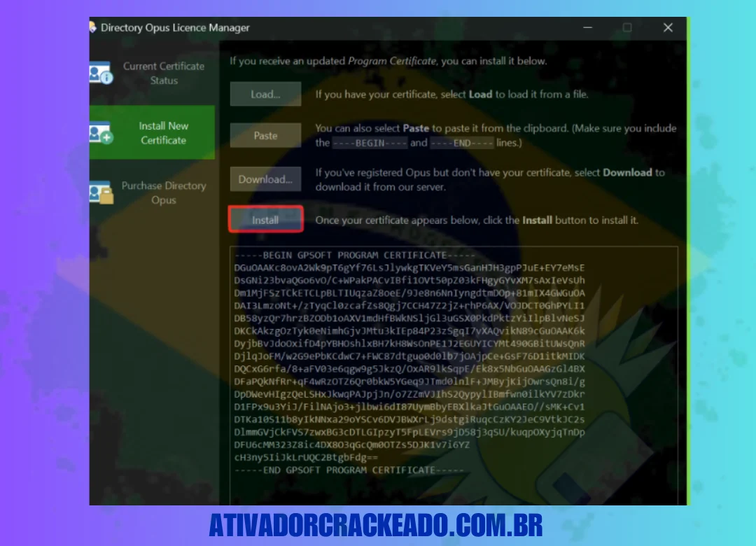 Clique em Instalar Novo Certificado após selecionar Ajuda, Gerenciador de Licenças. Após escolher o Certificado Opus, clique em Carregar. O Diretório OpusCert. Em seguida, clique em Instalar e pronto. Agora você pode utilizar todas as funções do aplicativo.