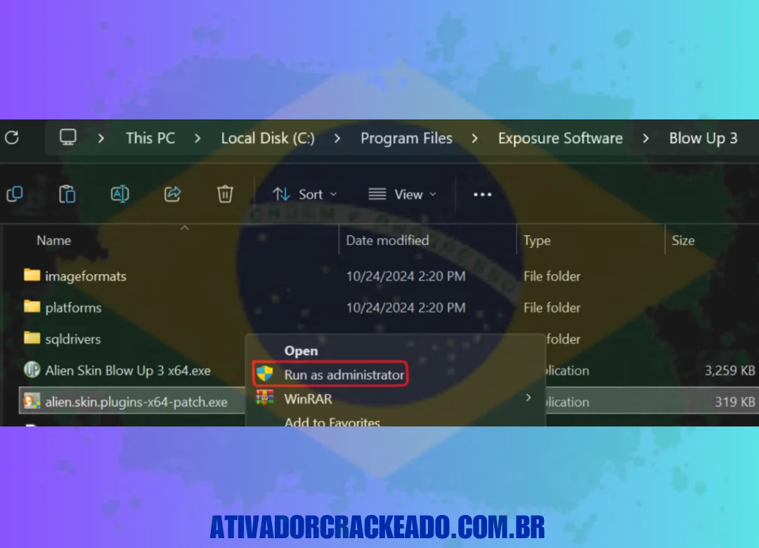 Adicione o patch a C:\Program Files\Exposure Software\Blow Up 3\ após extraí-lo. Execute a instalação como administrador após renomear o arquivo "Blow Up 3 x64.exe" para "Alien Skin Blow Up 3 x64.exe."