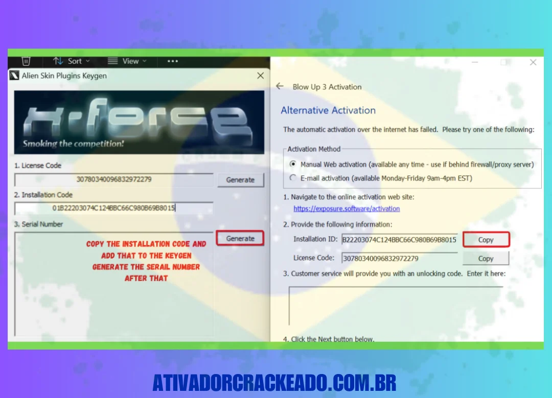 como administrador. Após criar a chave serial e adicioná-la de volta à License Activation Tool, copie o Installation ID da Activation Tool e adicione-o ao keygen. Depois disso, o programa será ativado.