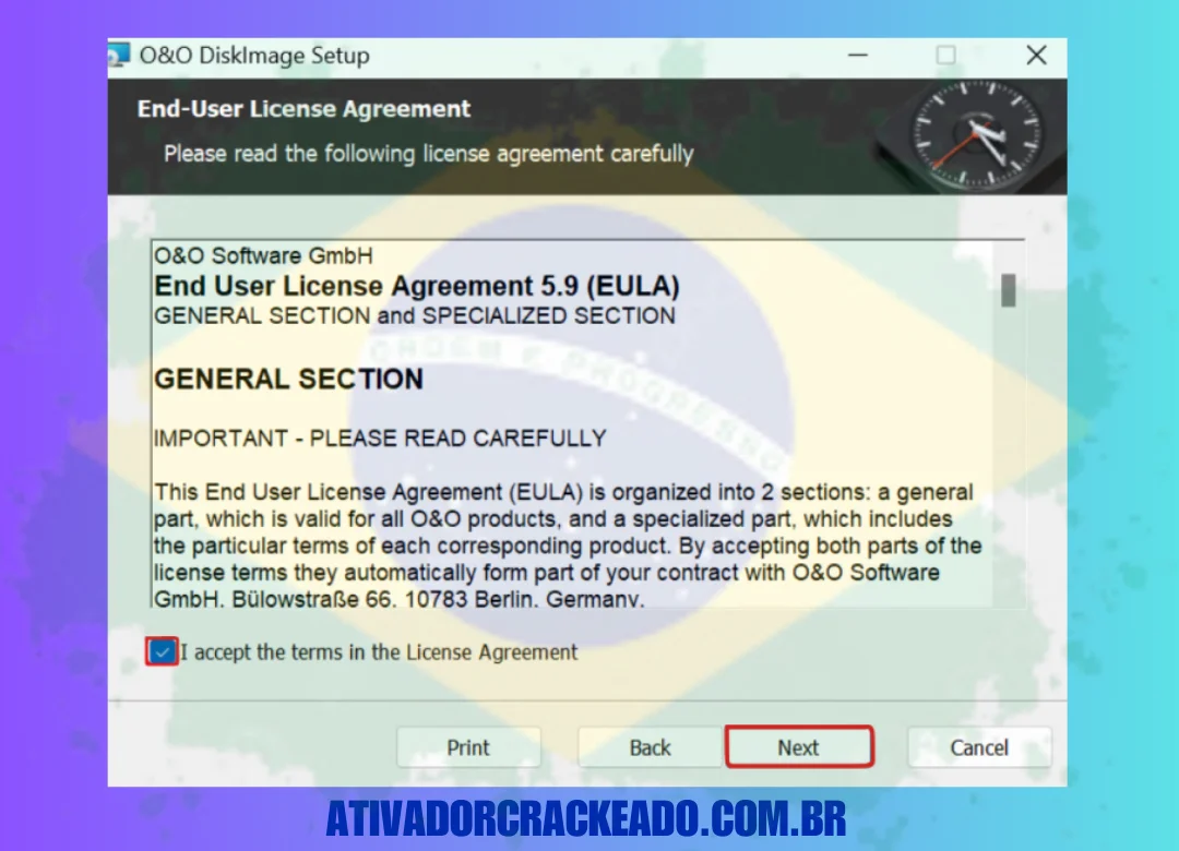 Aceite o contrato de licença, escolha o tipo de instalação e inicie a instalação.