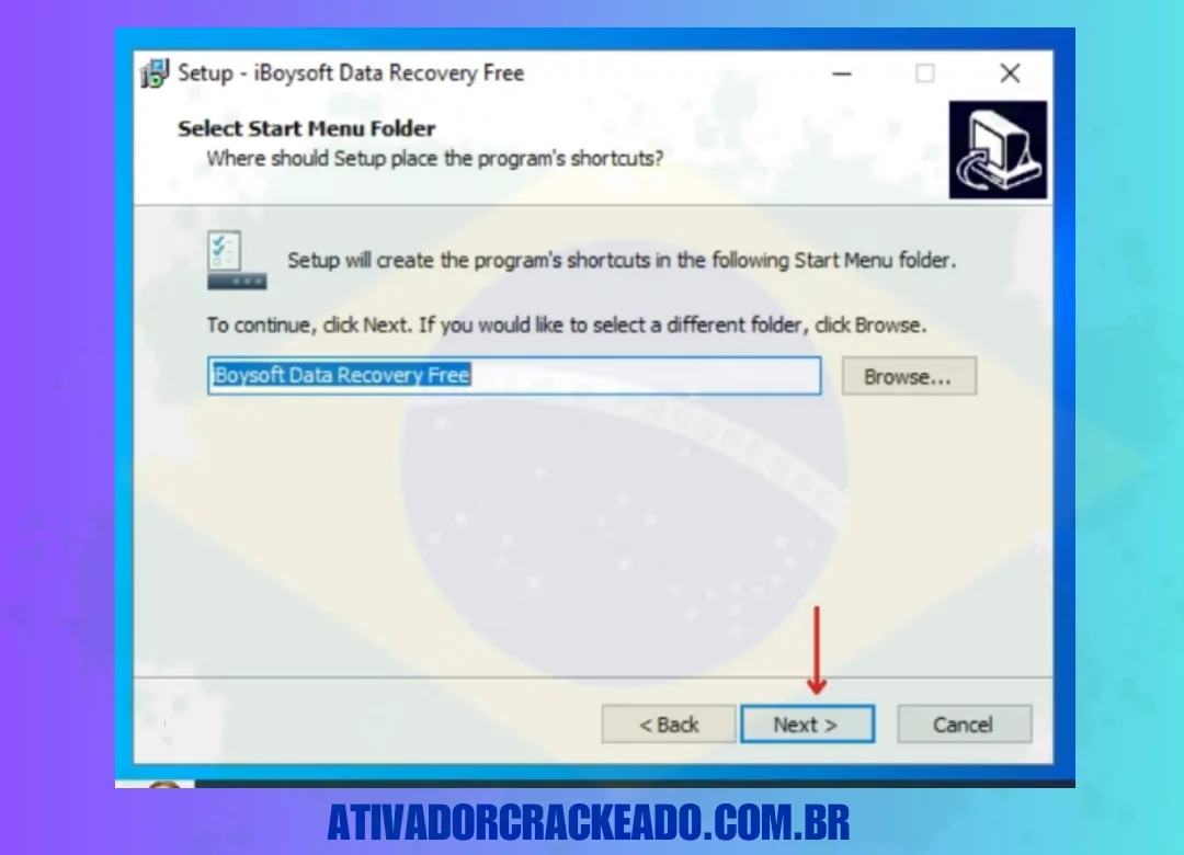 Agora, selecione a pasta do menu iniciar para o programa e clique em 'Avançar'.