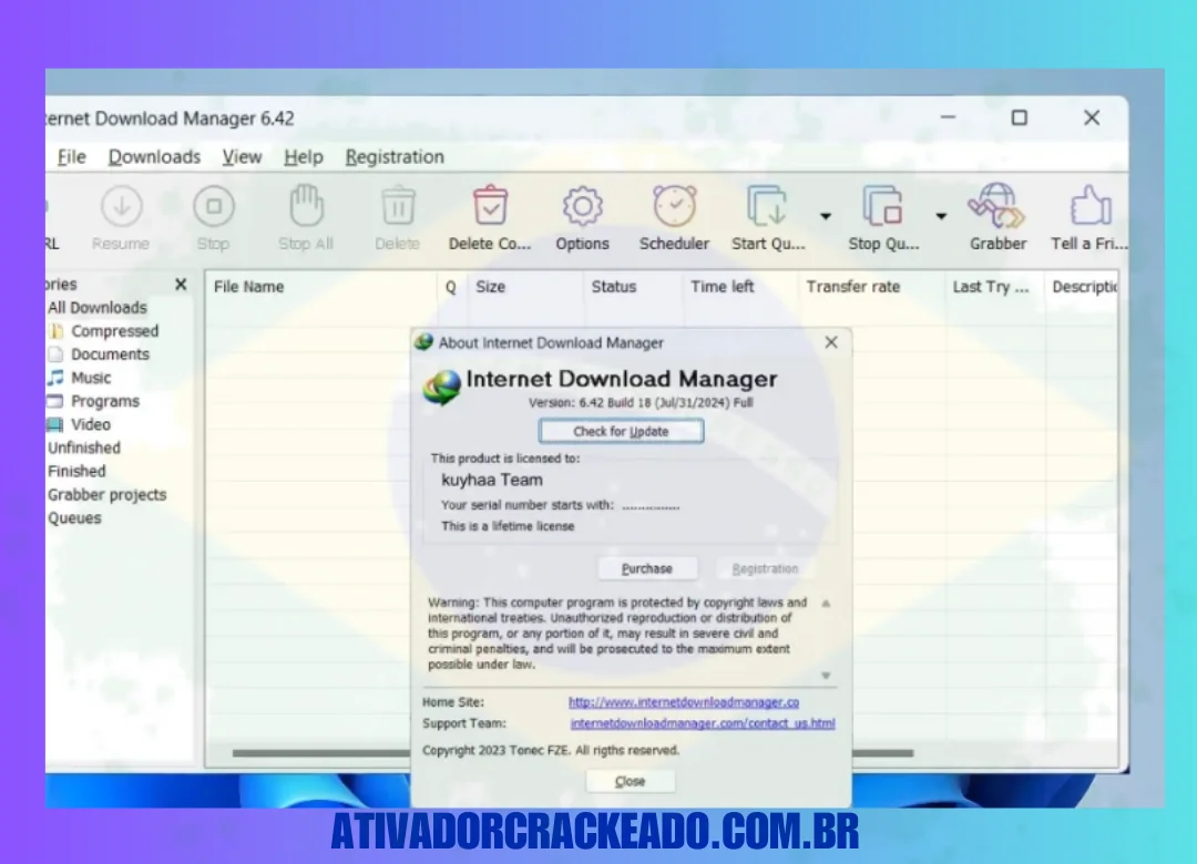 Assim que clicarmos em Crack, o IDM 6.42 Build 18 será atualizado para a versão completa, conforme mostrado na figura.