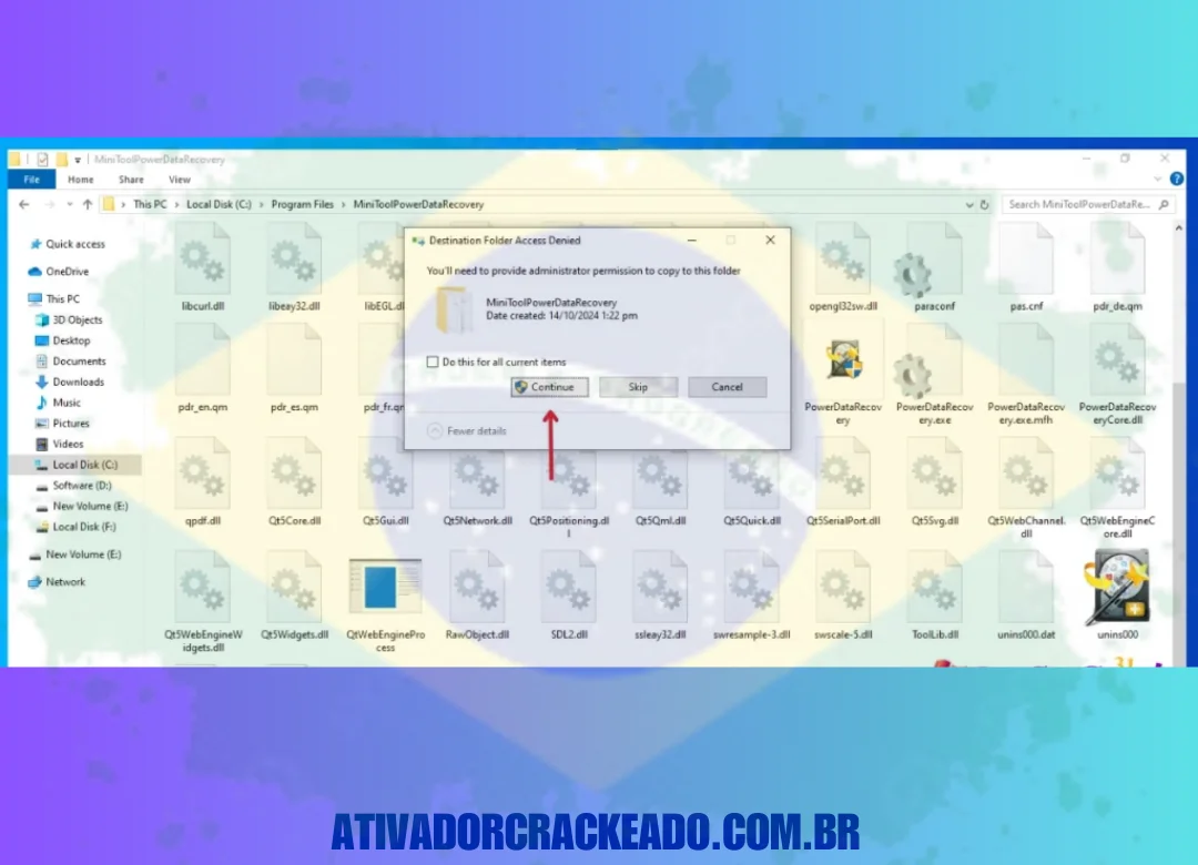 Clique em 'Continuar' para conceder direitos administrativos para que o arquivo possa ser colado no disco local C.