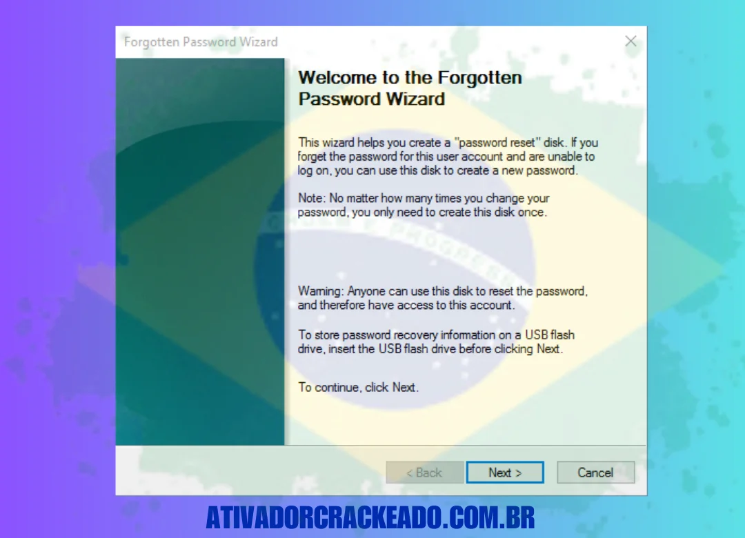 Clique em Next quando o Forgotten Password Wizard aparecer, então siga os passos para criá-lo.