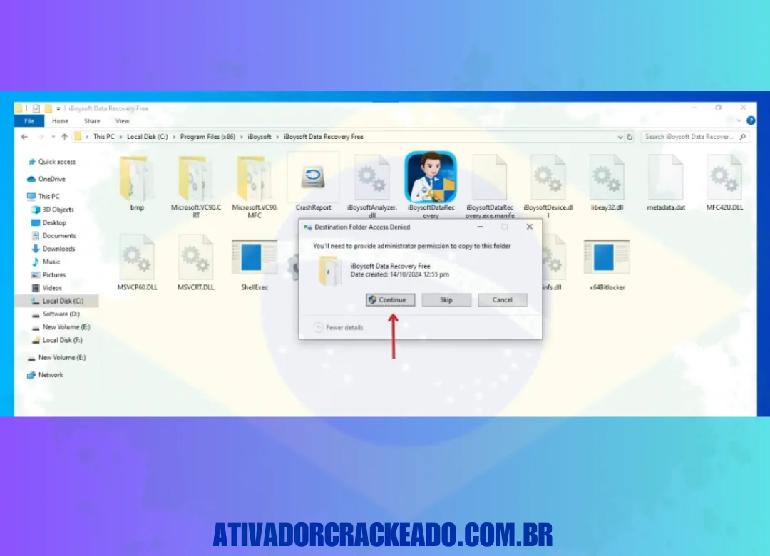 Clique em continuar para conceder direitos administrativos para que o arquivo possa ser colado no disco local C.