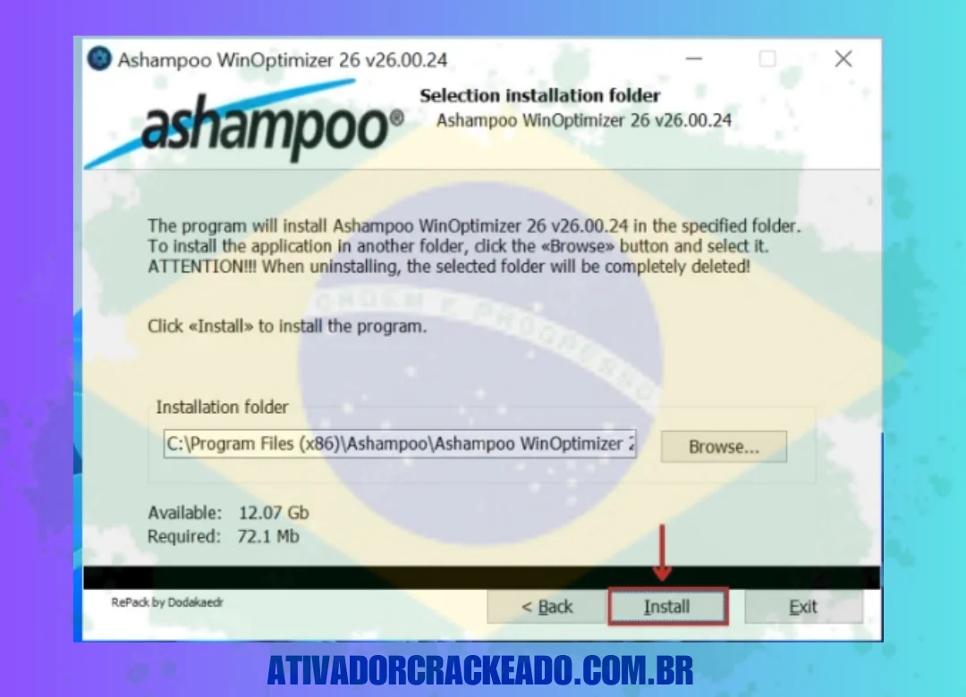 Em seguida, selecione o local de instalação do programa e clique em Instalar .