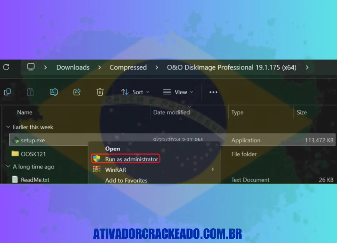 Inicie a instalação como administrador após extrair o arquivo baixado.