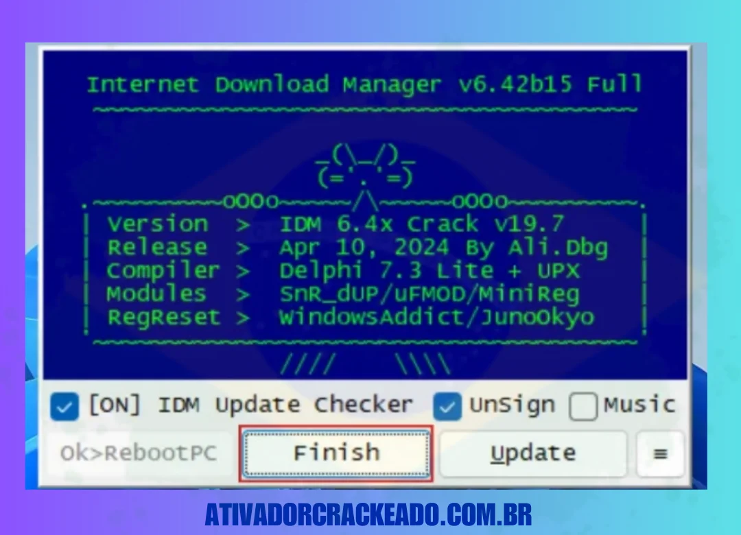 O IDM foi corrigido, agora clique em Concluir para sair do Internet Download Manager Keygen.