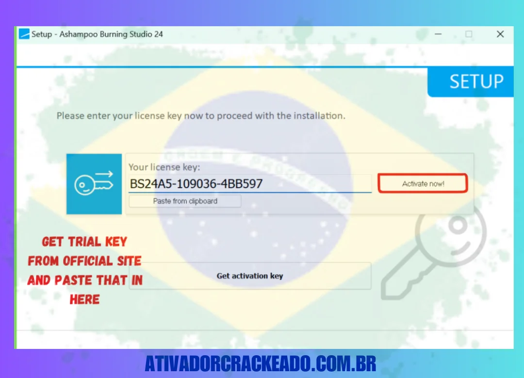 Selecione o local de instalação e cole a chave de licença. Após o processo de instalação terminar, extraia o arquivo Activation.zip.