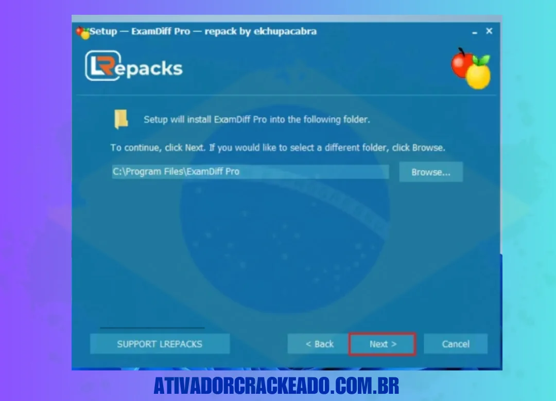 Selecione o local do arquivo onde deseja instalar o ExamDiff Pro, após selecioná-lo, prossiga clicando em “ Avançar ”.