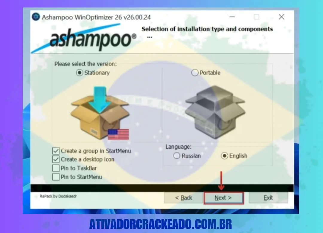 Selecione o tipo de instalação e clique em Avançar .