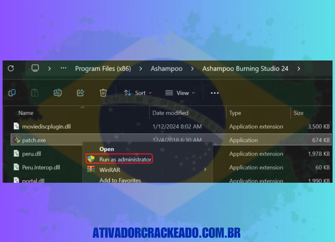 Você terá que selecionar manualmente o arquivo quando executar o patch como administrador