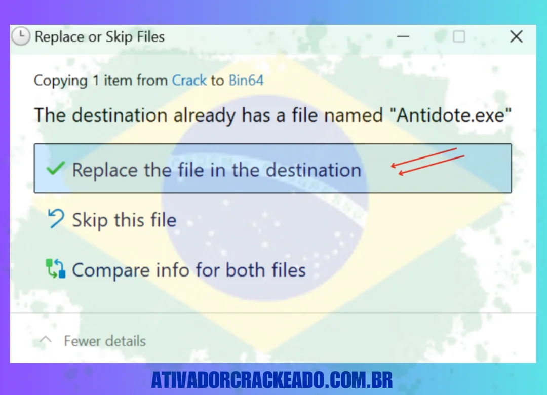 O arquivo Antidote.exe deve ser copiado da pasta Crack e usado para substituir